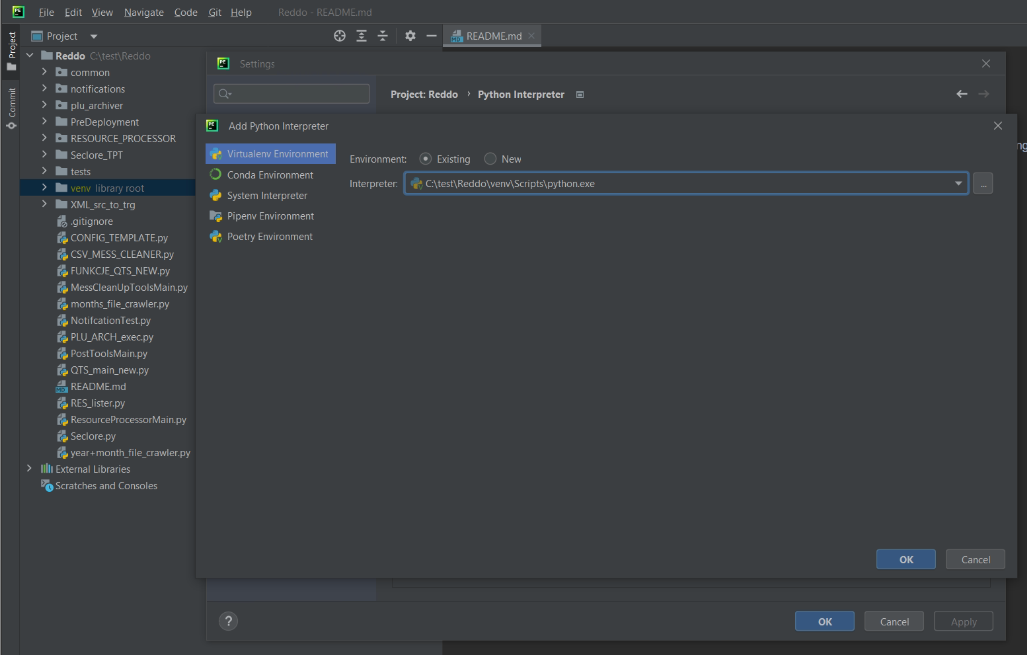 PyCharm Python interpreter settings from the Reddo project