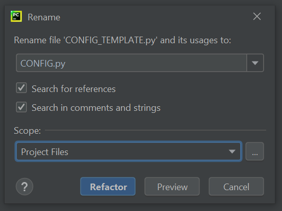 PyCharm refactor dialogue window details